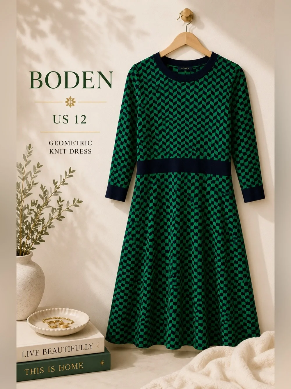 Boden Green & Navy Geometric Knit Fit & Flare Dress US 12 - Picture 1 of 6